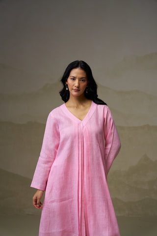 Blush Pink Linen V-Neck Kurta Set
