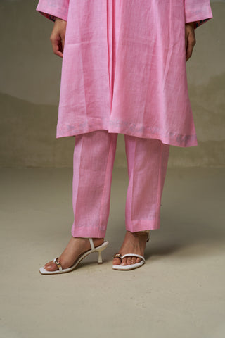 Blush Pink Linen V-Neck Kurta Set