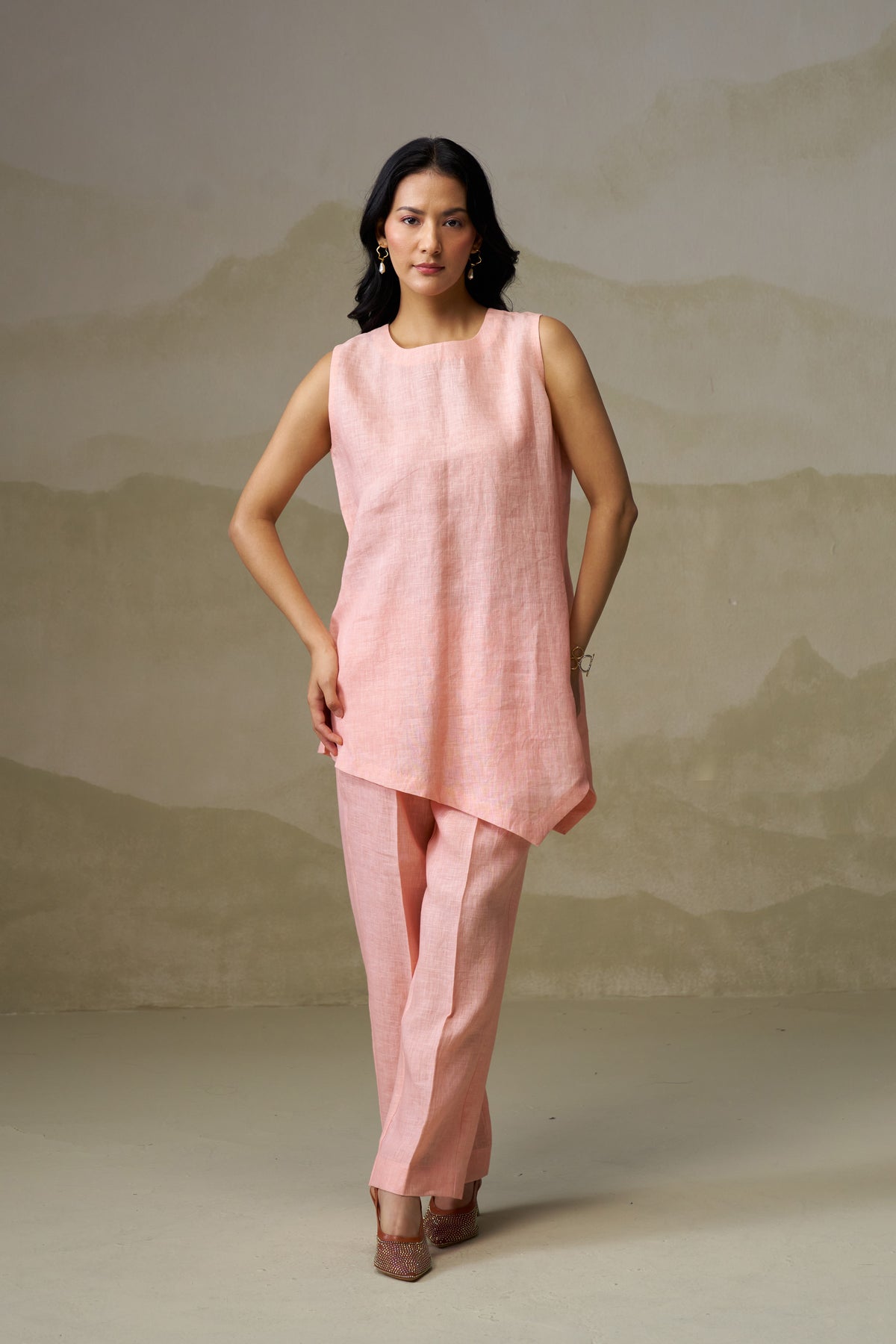 Naseebo Coral Blush Asymmetric Linen Co-ord Set