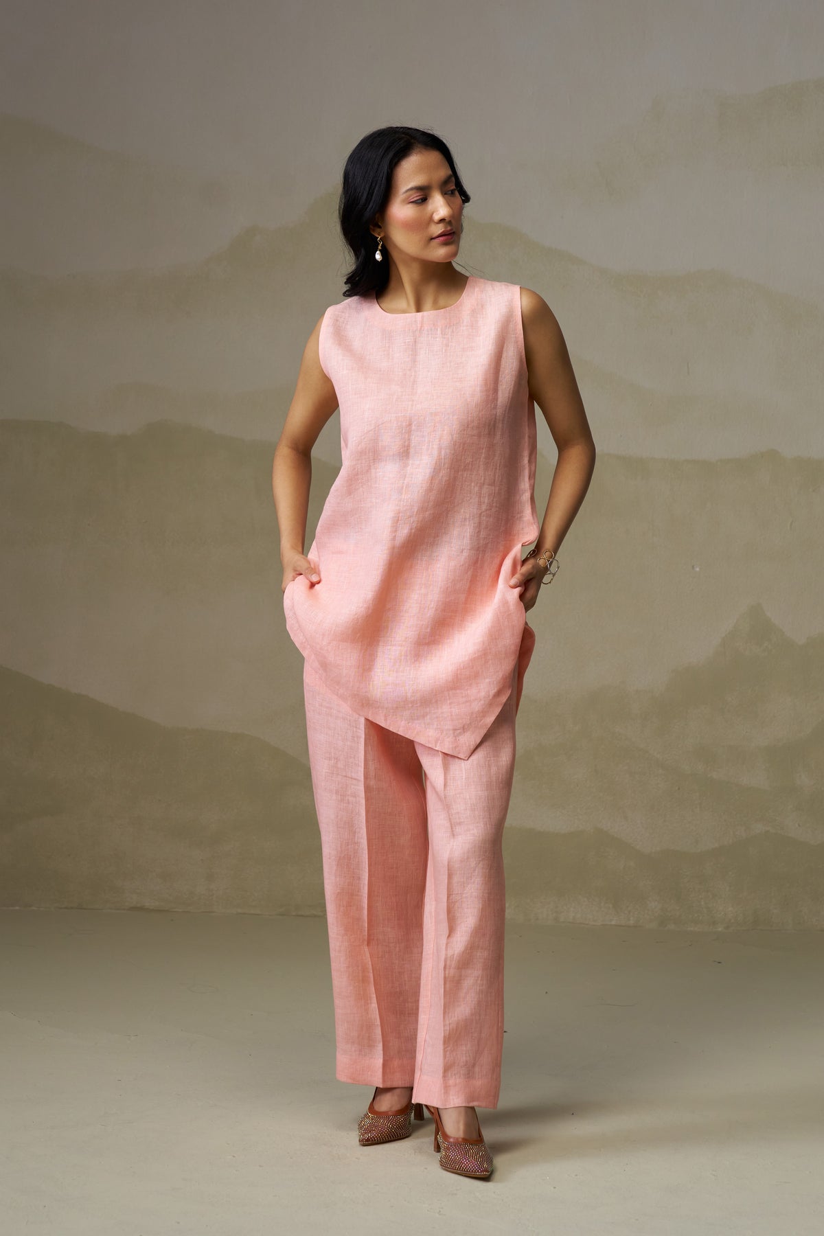 Naseebo Coral Blush Asymmetric Linen Co-ord Set