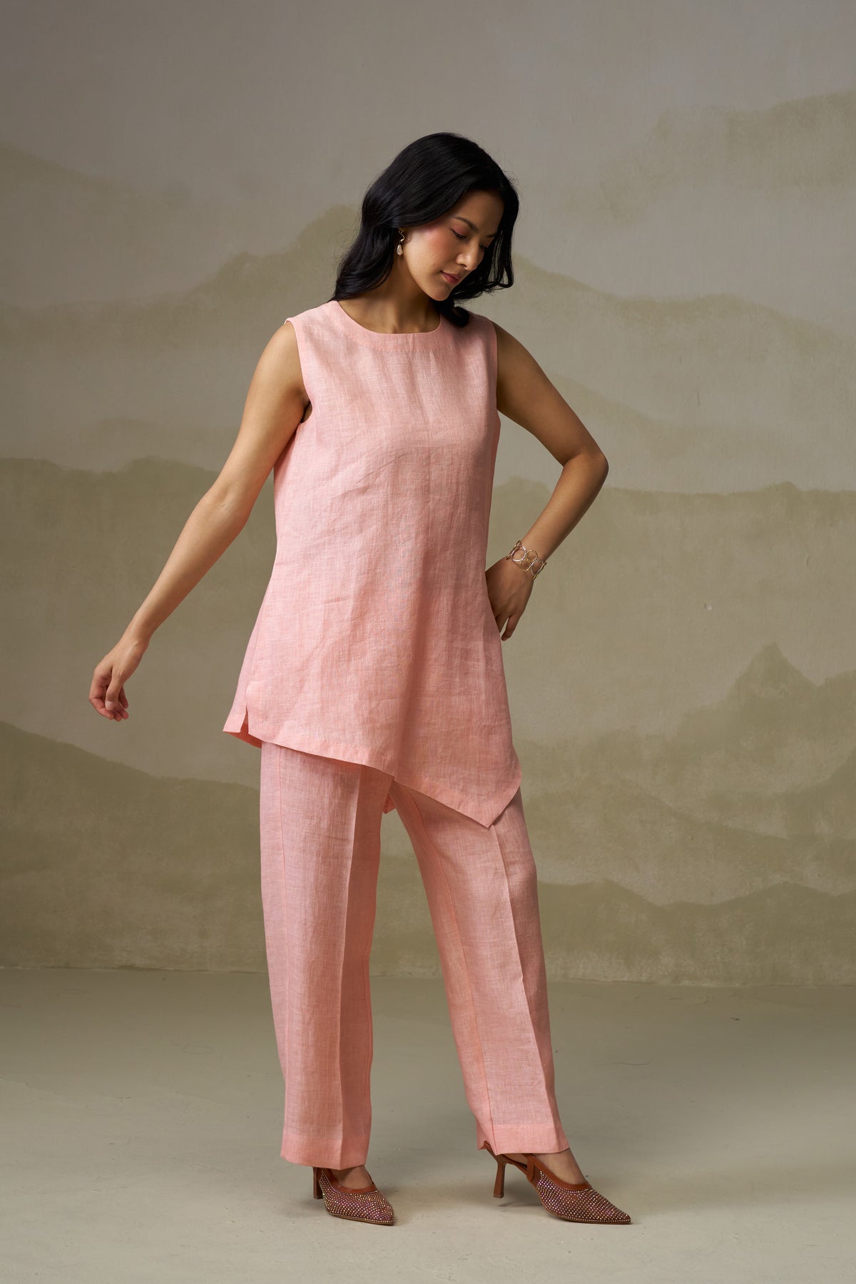 Naseebo Coral Blush Asymmetric Linen Co-ord Set