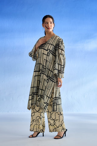 Naseebo Flora Abstract Lines Mul Satin Co-ord Set