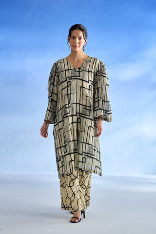 Naseebo Flora Abstract Lines Mul Satin Co-ord Set