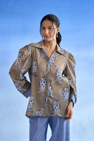 Grey and Blue Linen Shirt Set