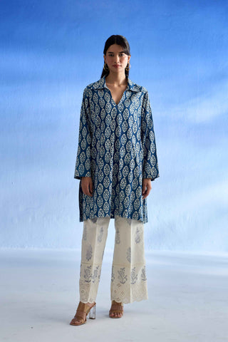 Blue and White Linen Kurta Set