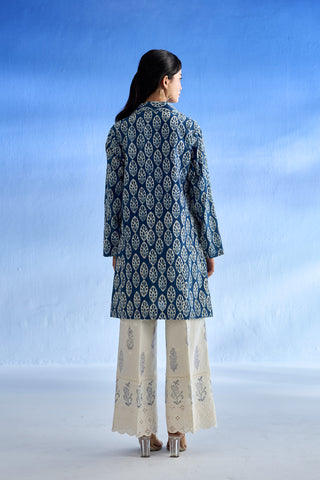 Blue and White Linen Kurta Set