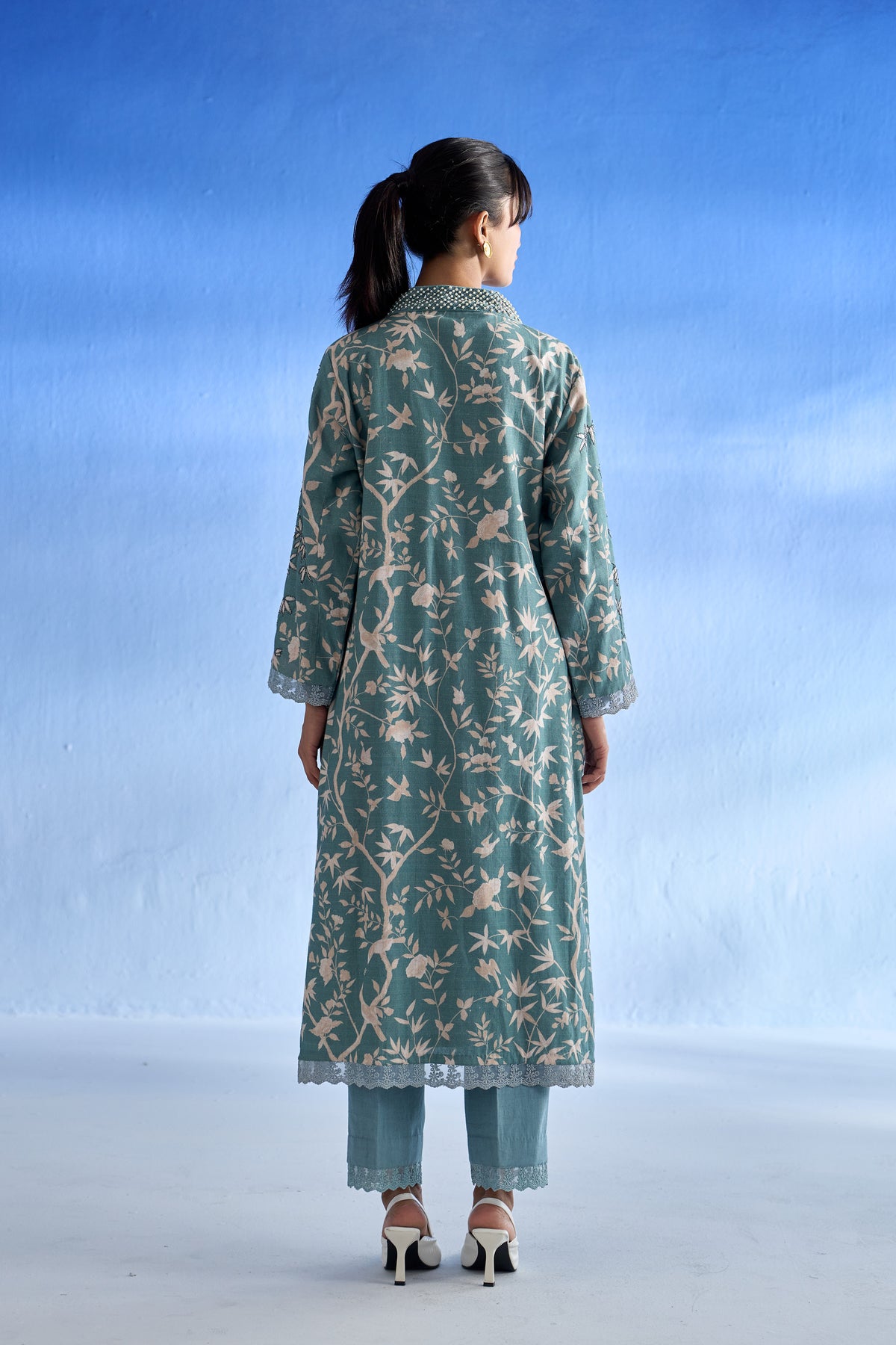 Richa Anirudh in Naseebo Azure Blossom Linen Kurta Set