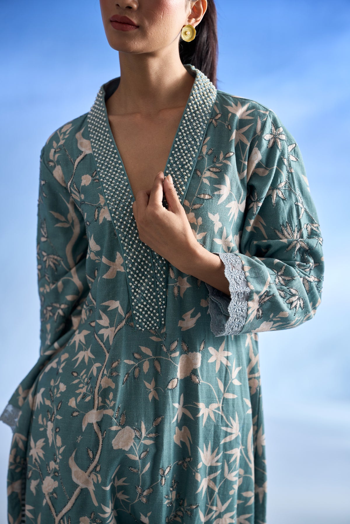 Richa Anirudh in Naseebo Azure Blossom Linen Kurta Set