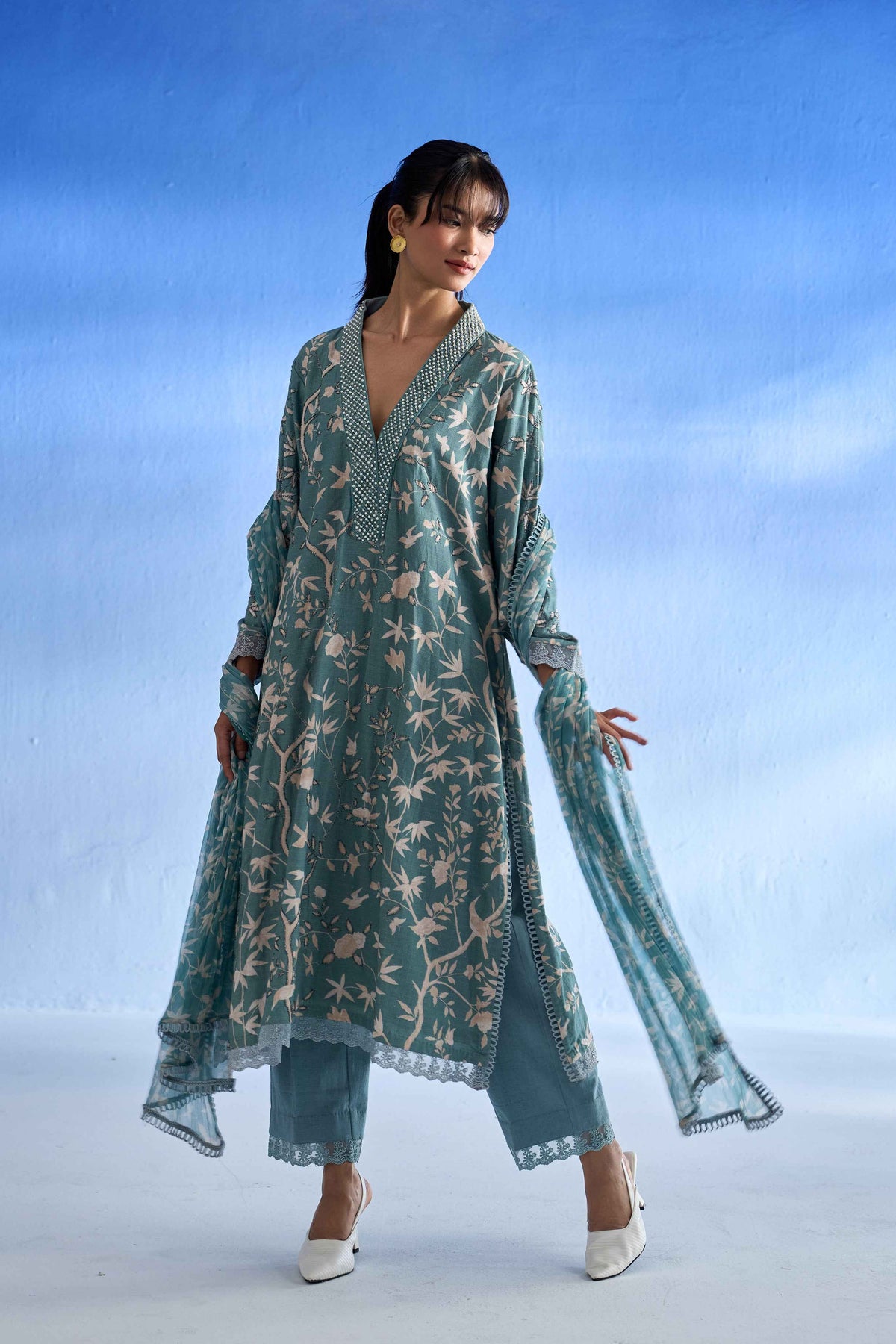 Richa Anirudh in Naseebo Azure Blossom Linen Kurta Set