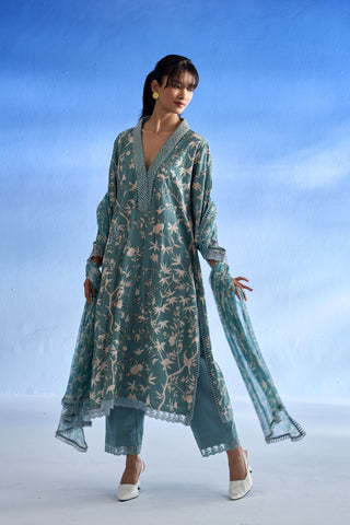 Azure Blossom Linen Kurta Set