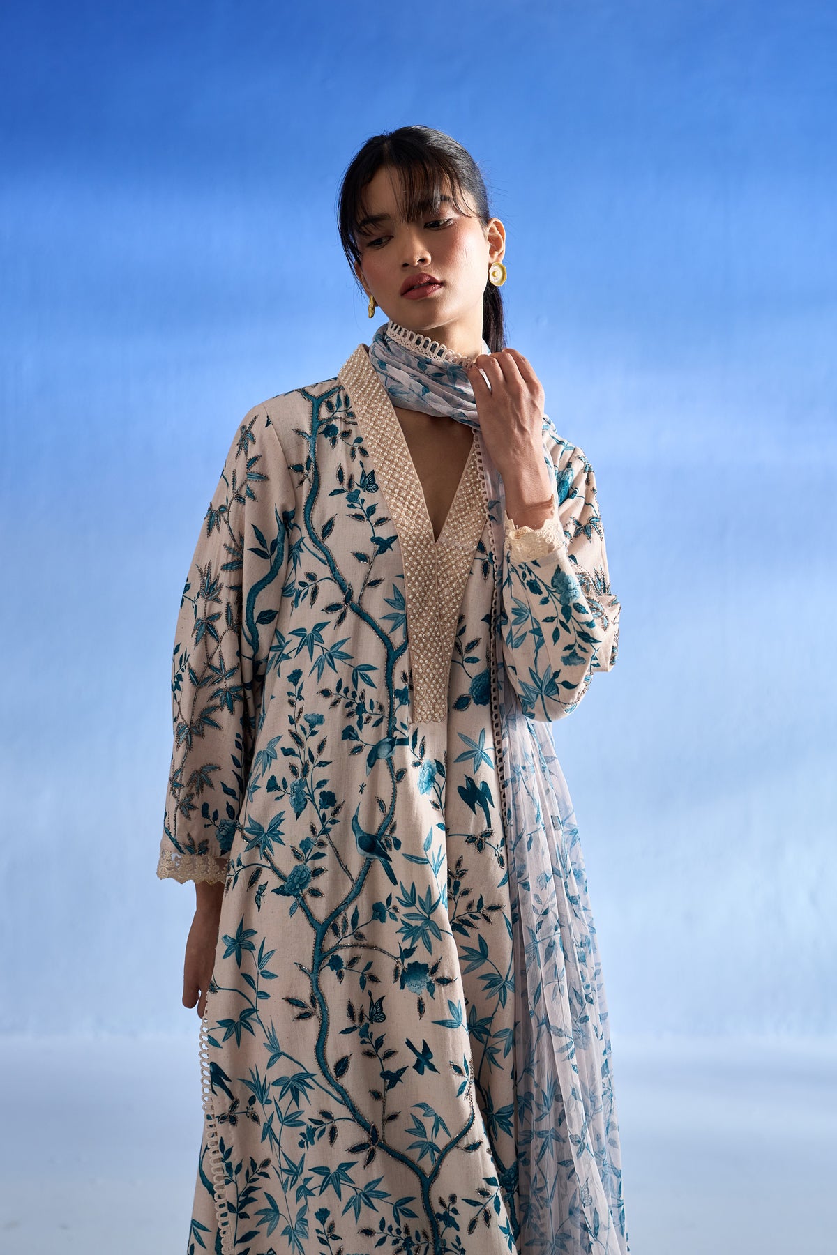 Naseebo Ivory Bloom Linen Kurta Set