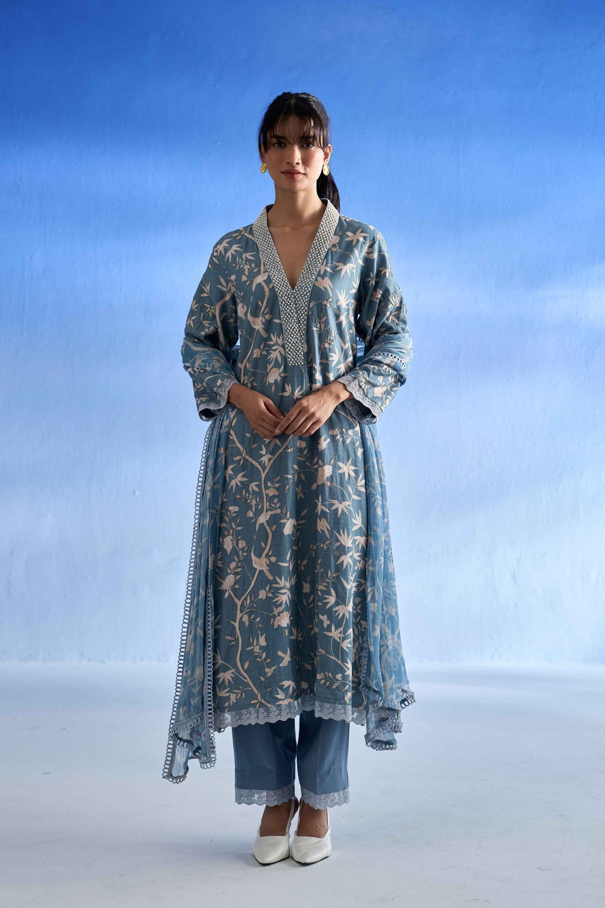 Richa Anirudh in Naseebo Azure Blossom Linen Kurta Set