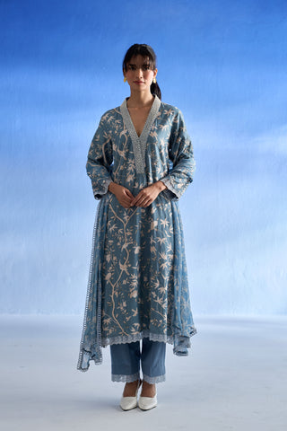 Azure Blossom Linen Kurta Set