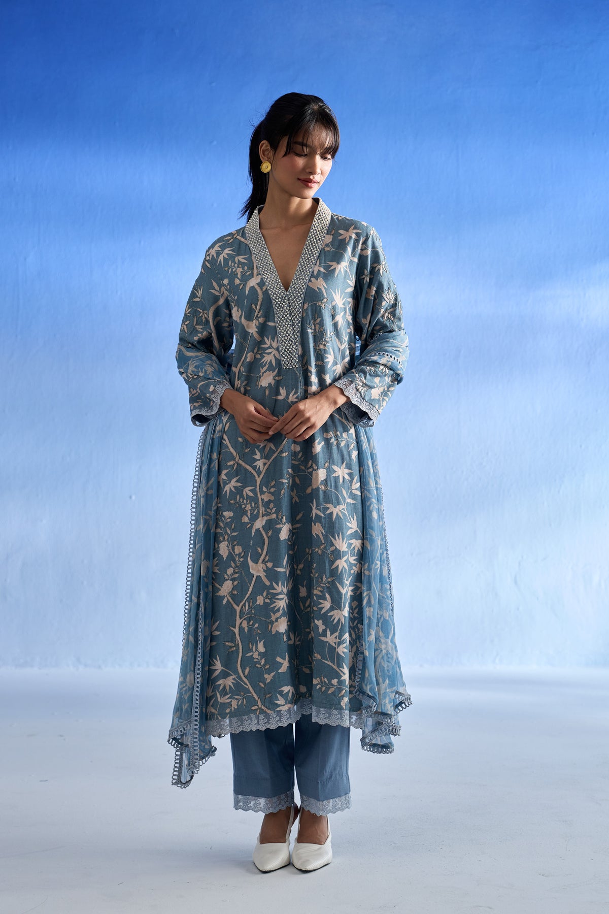 Richa Anirudh in Naseebo Azure Blossom Linen Kurta Set