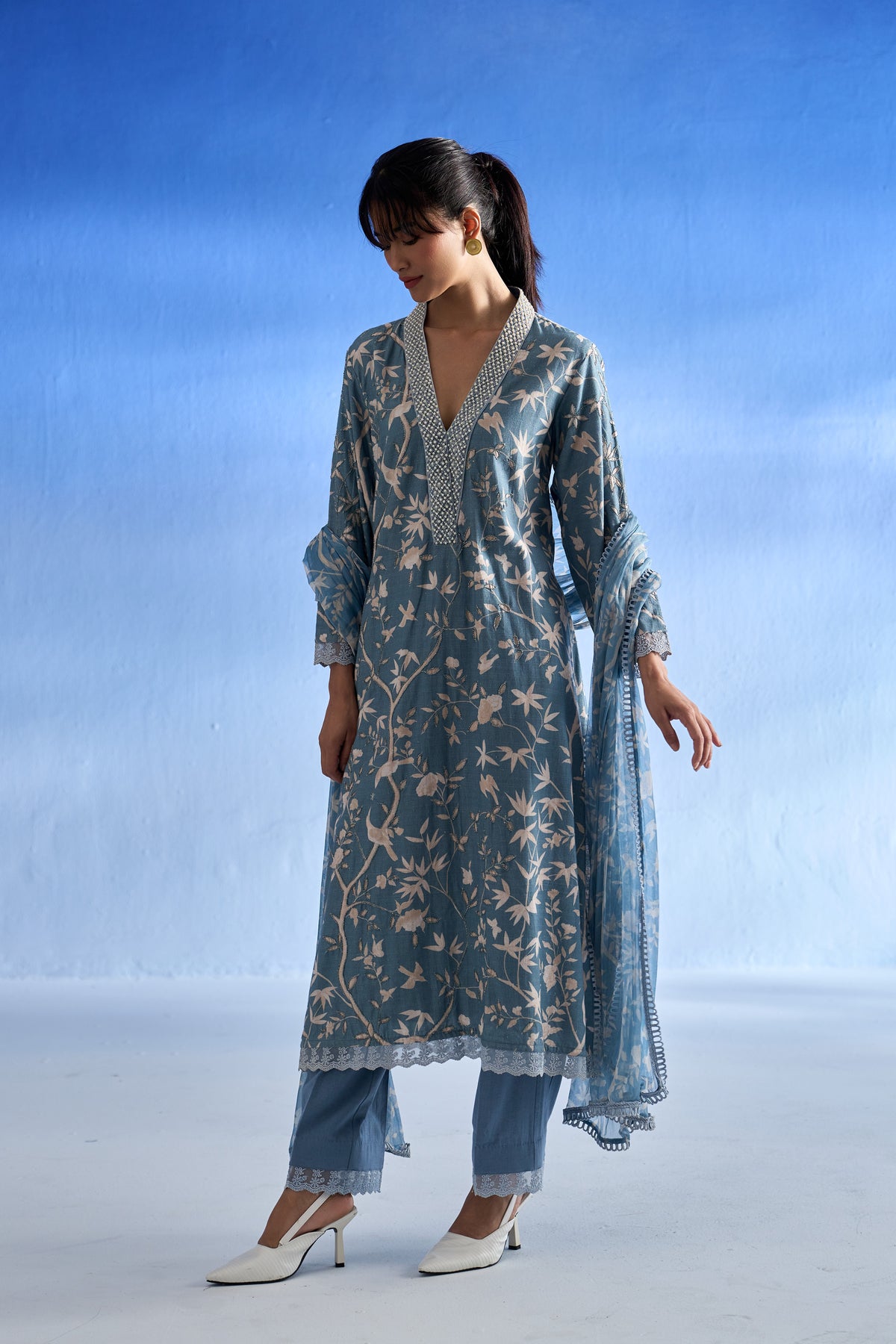 Richa Anirudh in Naseebo Azure Blossom Linen Kurta Set