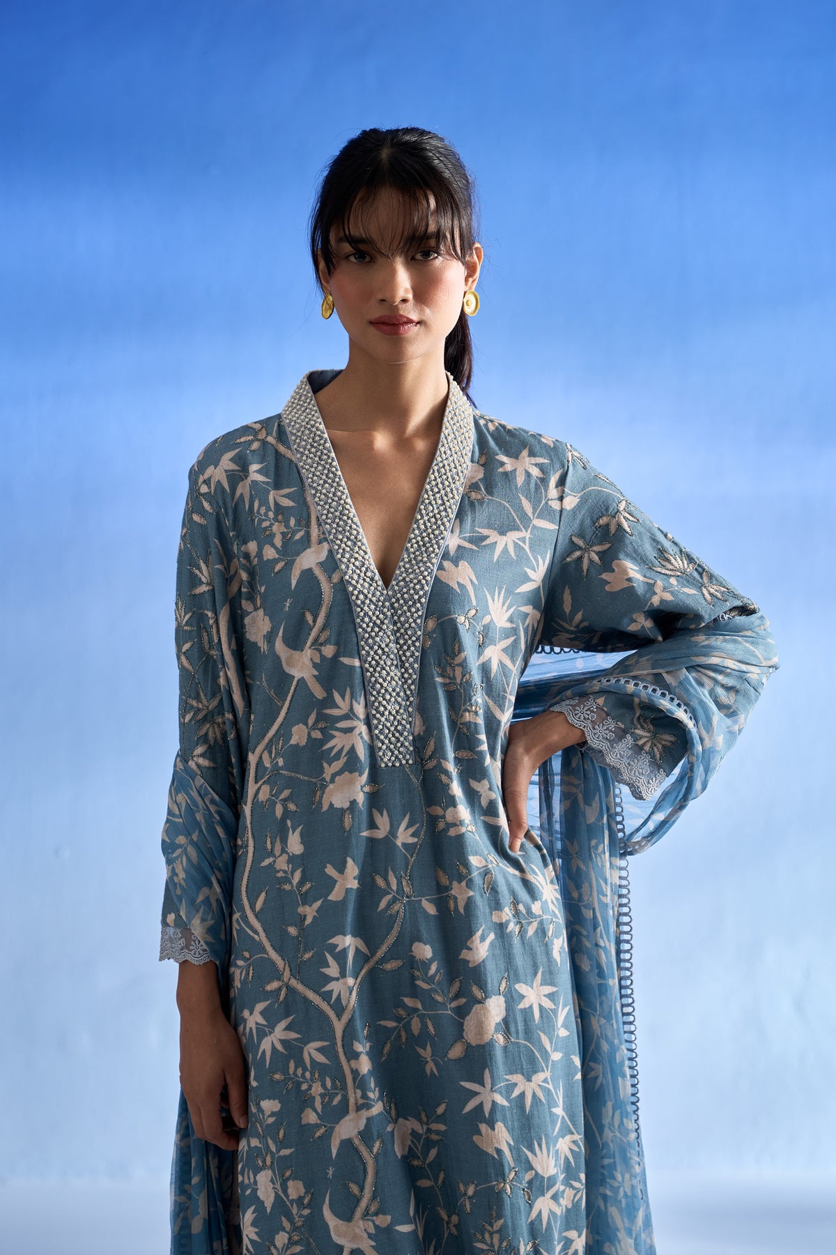 Richa Anirudh in Naseebo Azure Blossom Linen Kurta Set