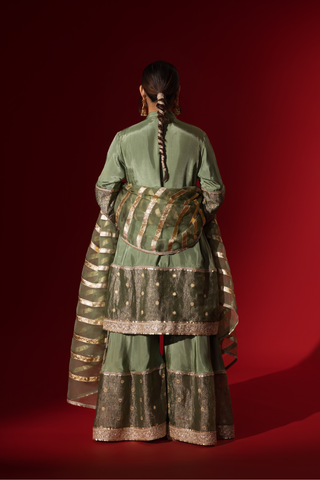 Back view of a model showcasing an elegant green gharara set with gold accents, set against a striking red background.