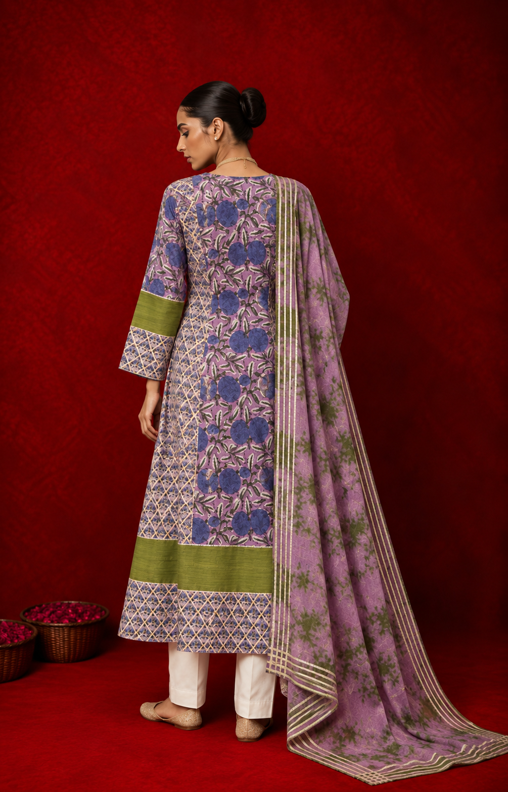 Backside of a woman wearing a purple and green floral printed kurta with white pants and a matching printed dupatta, accessorized with traditional jewelry, posing against a rich red backdrop.