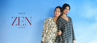 Two women modeling patterned  printed co-ord set dresses against a blue wall, with text on the left reading 'NEW IN ZEN 2026'. The dresses feature abstract circular line patterns in black, beige, and white.