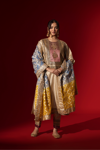 A Woman in a shimmering gold brocade kurta set stands confidently against a rich red backdrop, showcasing intricate patterns and styling.