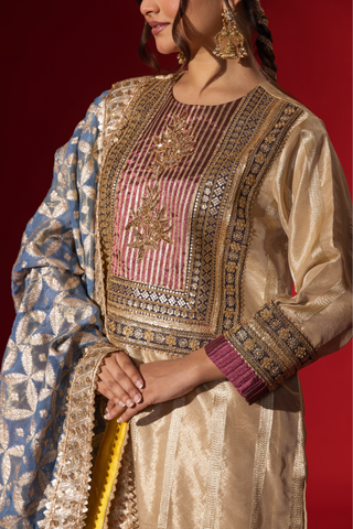 Closeup view of a Woman's hand in a shimmering gold brocade kurta set stands confidently against a rich red backdrop, showcasing intricate patterns and styling.