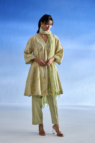 A woman modeling a pistachio green printed linen kurta set with matching trousers and a scarf against a blue gradient studio background.