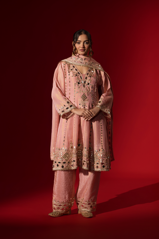 A person stands against a red background, wearing an elegant pink embroidered kurta set intricately embellished outfit with a matching shawl.