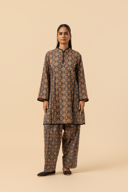 Naseebo Indigo Maze Ajrakh Printed Farshi Coord Set