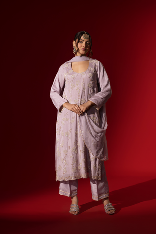A person dressed in a Lilac Radiance Embroidered Kurta Set stands confidently against a deep red background. Elegant traditional attire.