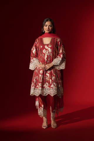 A woman poses in a maroon ethnic  shimmer kurta set outfit with intricate white embroidery against a vibrant red backdrop.