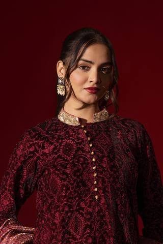 Closeup view of a person stands confidently in a rich, red traditional outfit adorned with intricate patterns and a shimmering gold-accented shawl against a red backdrop.