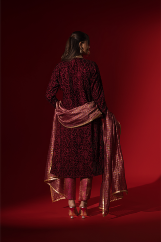 Back view of a person stands confidently in a rich, red traditional outfit adorned with intricate patterns and a shimmering gold-accented shawl against a red backdrop.