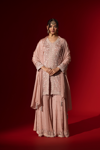 A woman wears an elegant pastel pink embroidered kurta set with intricate beadwork, standing against a vibrant red background.