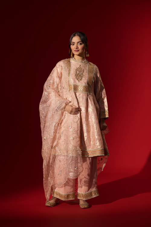 Naseebo Pink Champagne Sequin Brocade Kurta Set