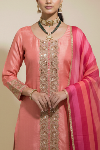 Closeup view of a woman wears a traditional pink tissue chanderi kurta set adorned with intricate embellishments, paired with a light pink dupatta and beige trousers.