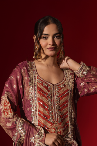 Closeup view of a woman wearing a richly embellished maroon embroidered brocade kurta set outfit with intricate gold detailing against a striking red background.
