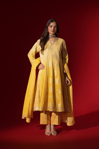 A woman showcases an elegant yellow traditional outfit with intricate designs, contrasting beautifully against a deep red background.
