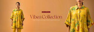 A model showcases a vibrant yellow and green patterned co-ord set from the "Vibes Collection," set against a warm orange background.