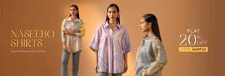 Three models showcase colorful, stylish shirts against a warm orange background, promoting a 20% discount with the code SHIRT20.