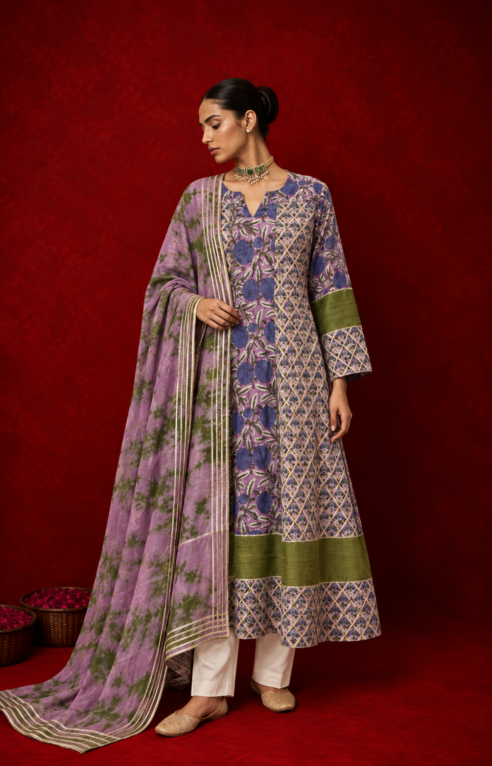 A woman wearing a purple and green floral printed kurta with white pants and a matching printed dupatta, accessorized with traditional jewelry, posing against a rich red backdrop.