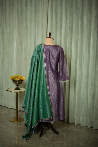 Backup view of purple tissue chanderi kurta with a shimmering striped pattern, paired with a rich green tissue chanderi dupatta, featuring delicate silver detailing.
