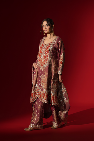 Side view of a woman wearing a richly embellished maroon embroidered brocade kurta set outfit with intricate gold detailing against a striking red background.