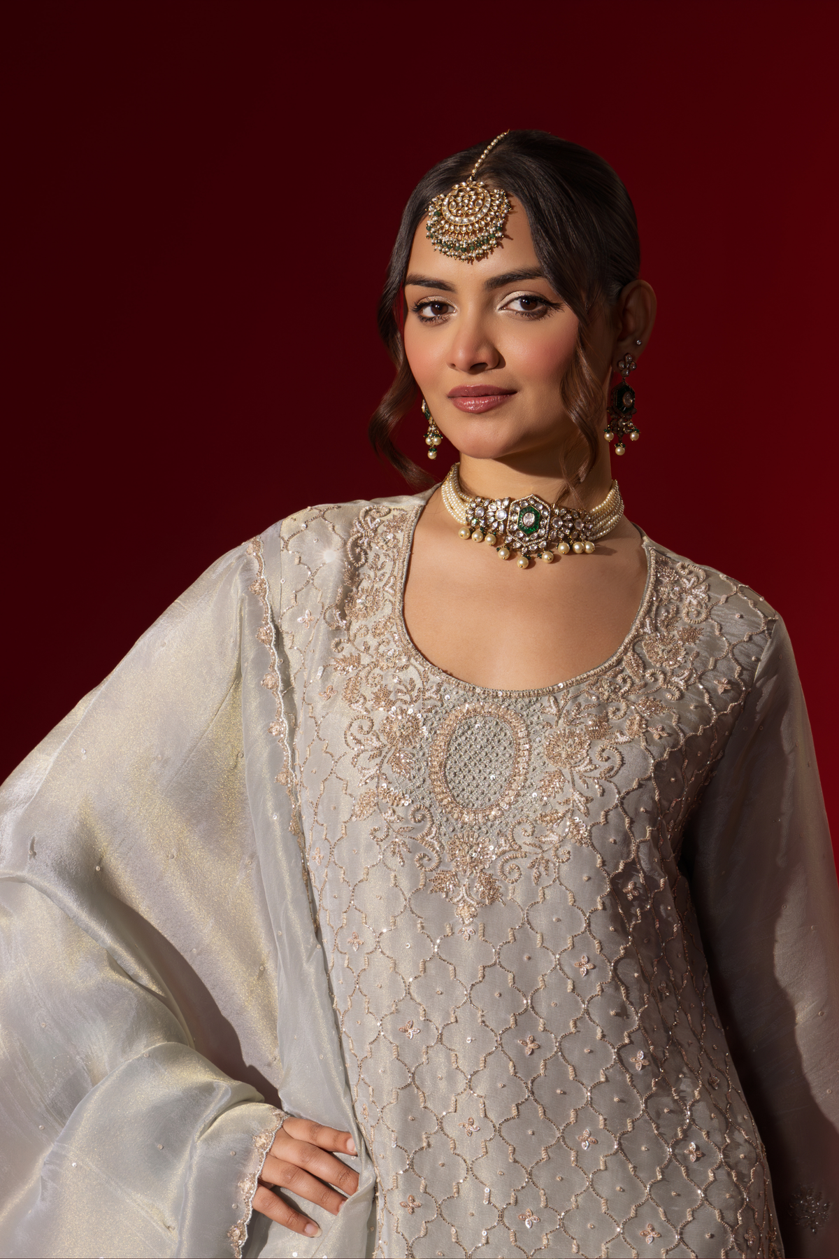 Closeup view of a woman stands elegantly in a shimmering silver grey embroidered gharara set, featuring intricate embroidery, paired with matching wide-legged trousers and a flowing shawl.