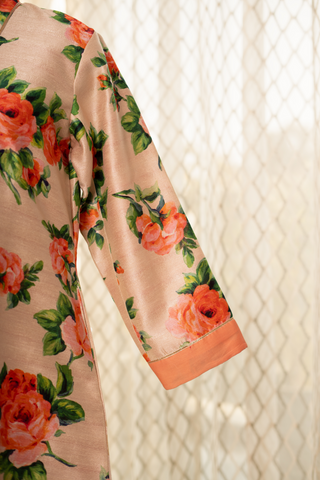 Cream Floral Printed Raw Silk Kurta With Pants