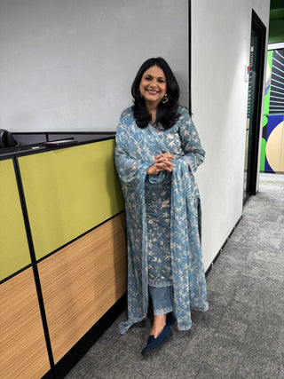 Richa Anirudh in Naseebo Azure Blossom Linen Kurta Set