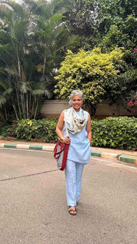 Babita Jaishankar in Naseebo Powder Blue Asymmetric Linen Co-ord Set
