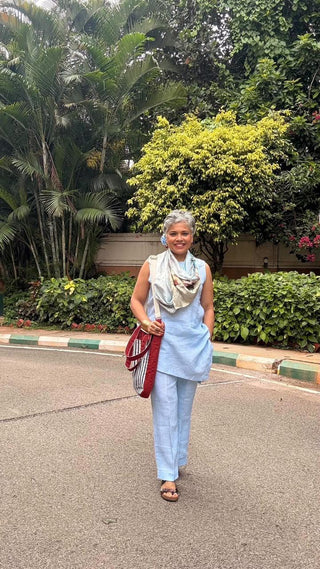 Babita Jaishankar in Naseebo Powder Blue Asymmetric Linen Co-ord Set