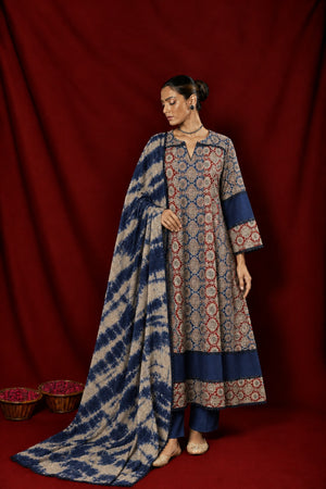 Naseebo Gulbadan Ajrakh Anarkali Kurta Set