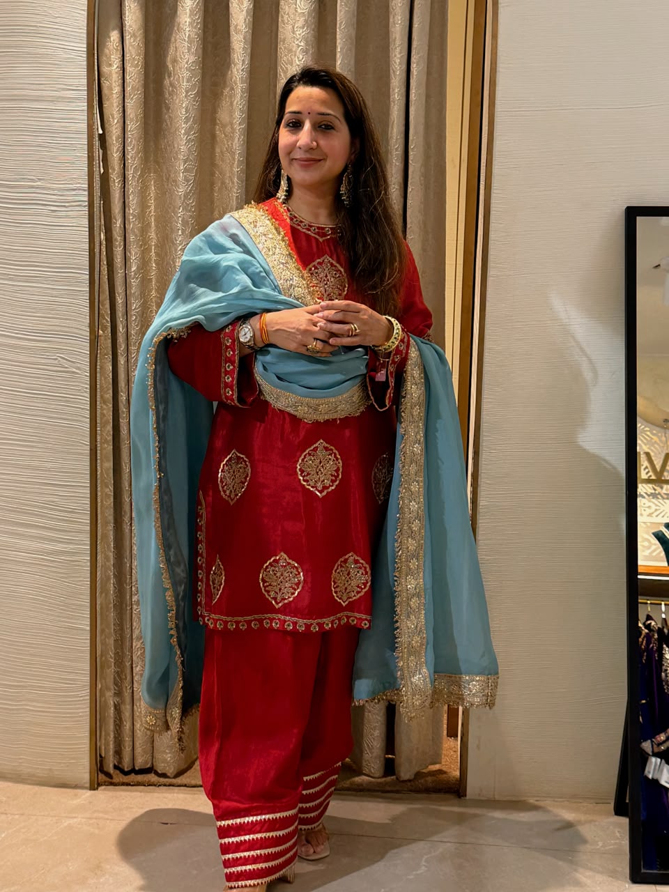 Naseebo Tanaksh Red Embroidered Satin Suit Set with Sky Blue Dupatta