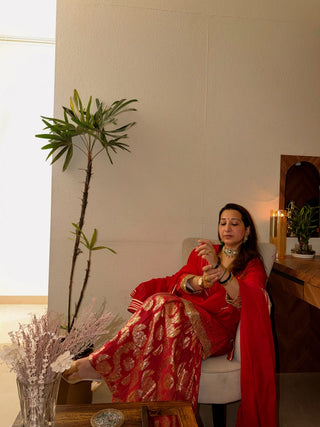 Naseebo Taruna Red Satin Kurta Sharara Set